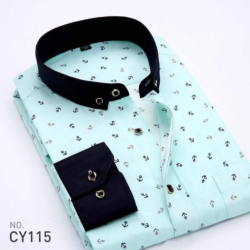 New Men's Printed Long-Sleeved Shirt, Korean Style Slim Fit, Youth Fashion, Casual and Versatile Shirt, Cross-Border Bestseller in Europe and America