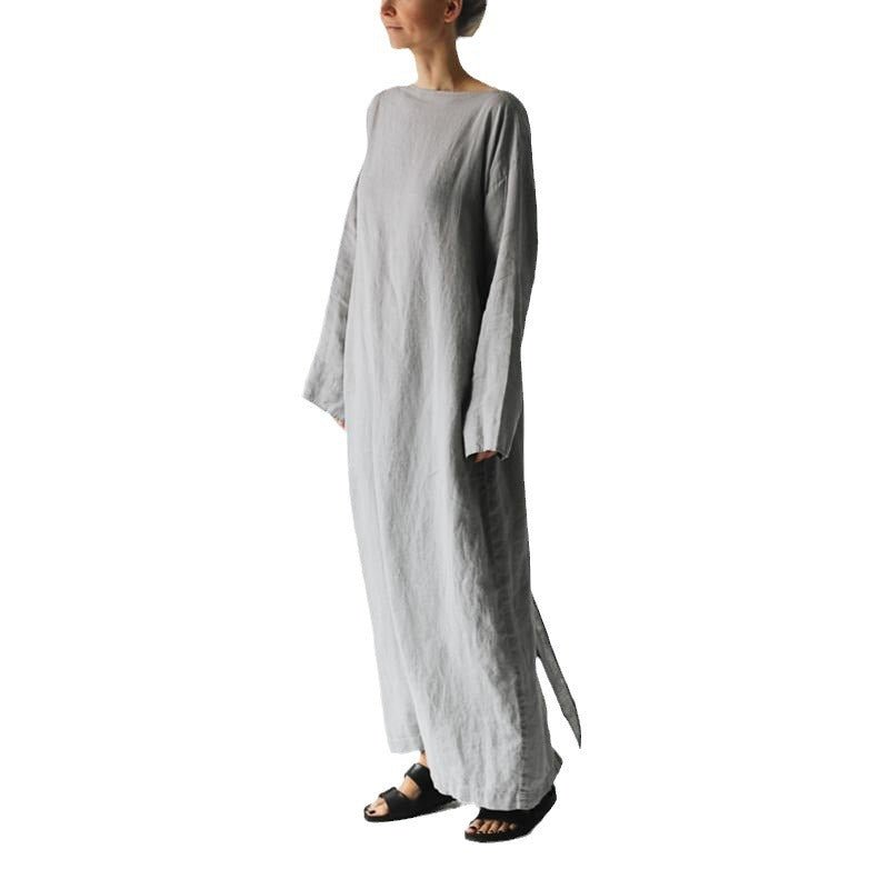 2023 new cotton and linen dress long sleeve off-neck lace-up dress - stoutforge