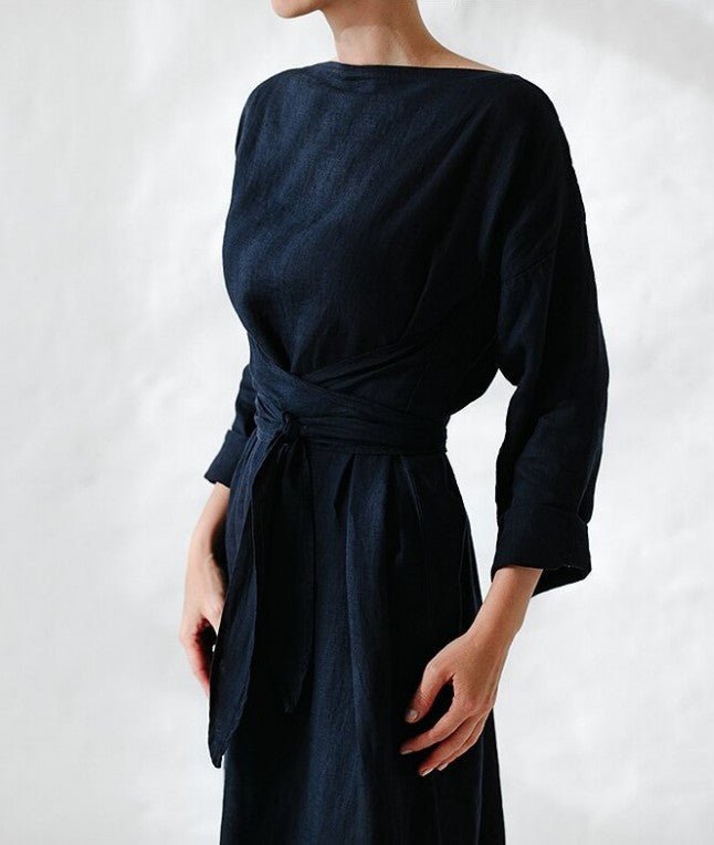 2023 new cotton and linen dress long sleeve off-neck lace-up dress - stoutforge