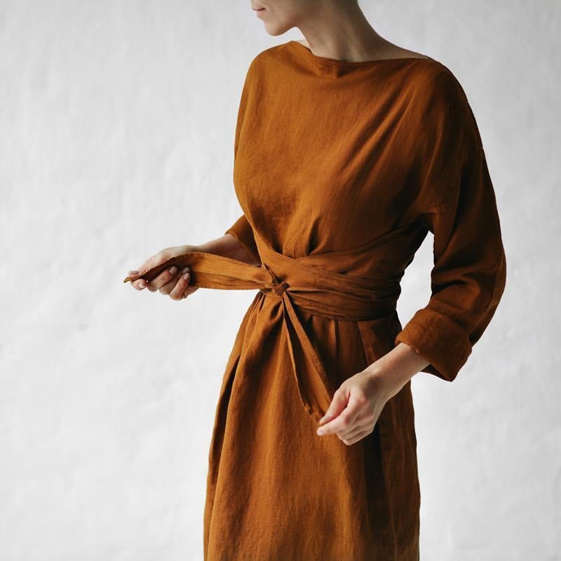 2023 new cotton and linen dress long sleeve off-neck lace-up dress - stoutforge
