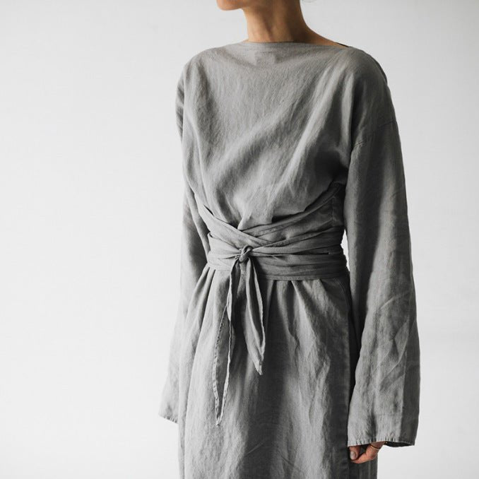2023 new cotton and linen dress long sleeve off-neck lace-up dress - stoutforge