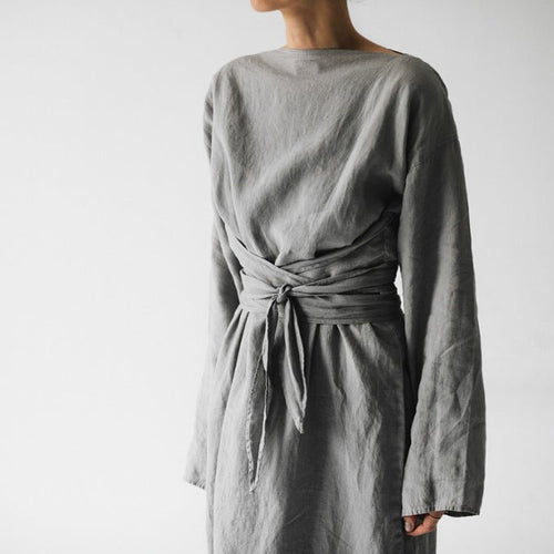 2023 new cotton and linen dress long sleeve off-neck lace-up dress - stoutforge