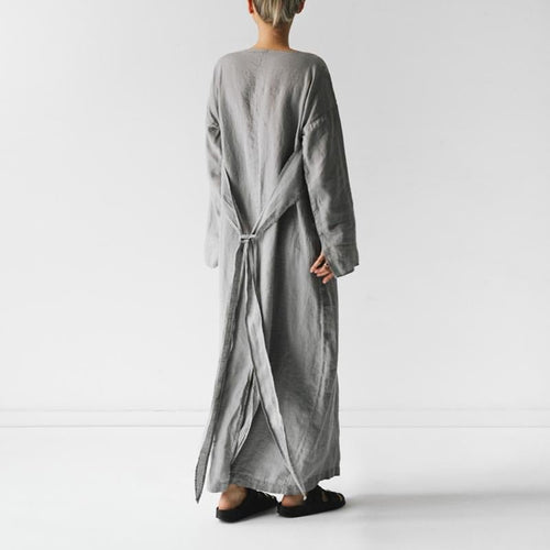 2023 new cotton and linen dress long sleeve off-neck lace-up dress - stoutforge