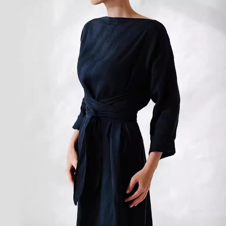 2023 new cotton and linen dress long sleeve off-neck lace-up dress - stoutforge