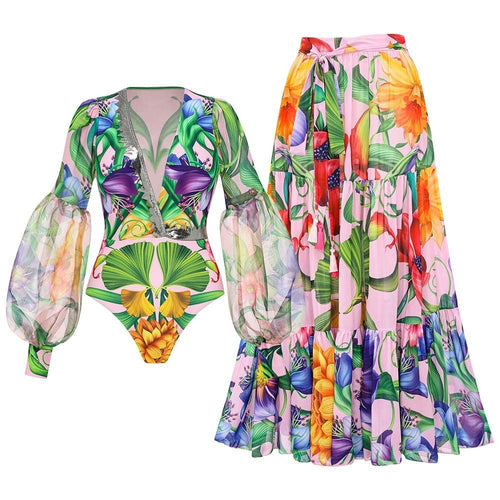2024 Swimwear Cross-border Explosions Deep V-neck Lantern Long-sleeved Seaside Holiday Printed One-piece Swimsuit suit Women's 25153 - stoutforge