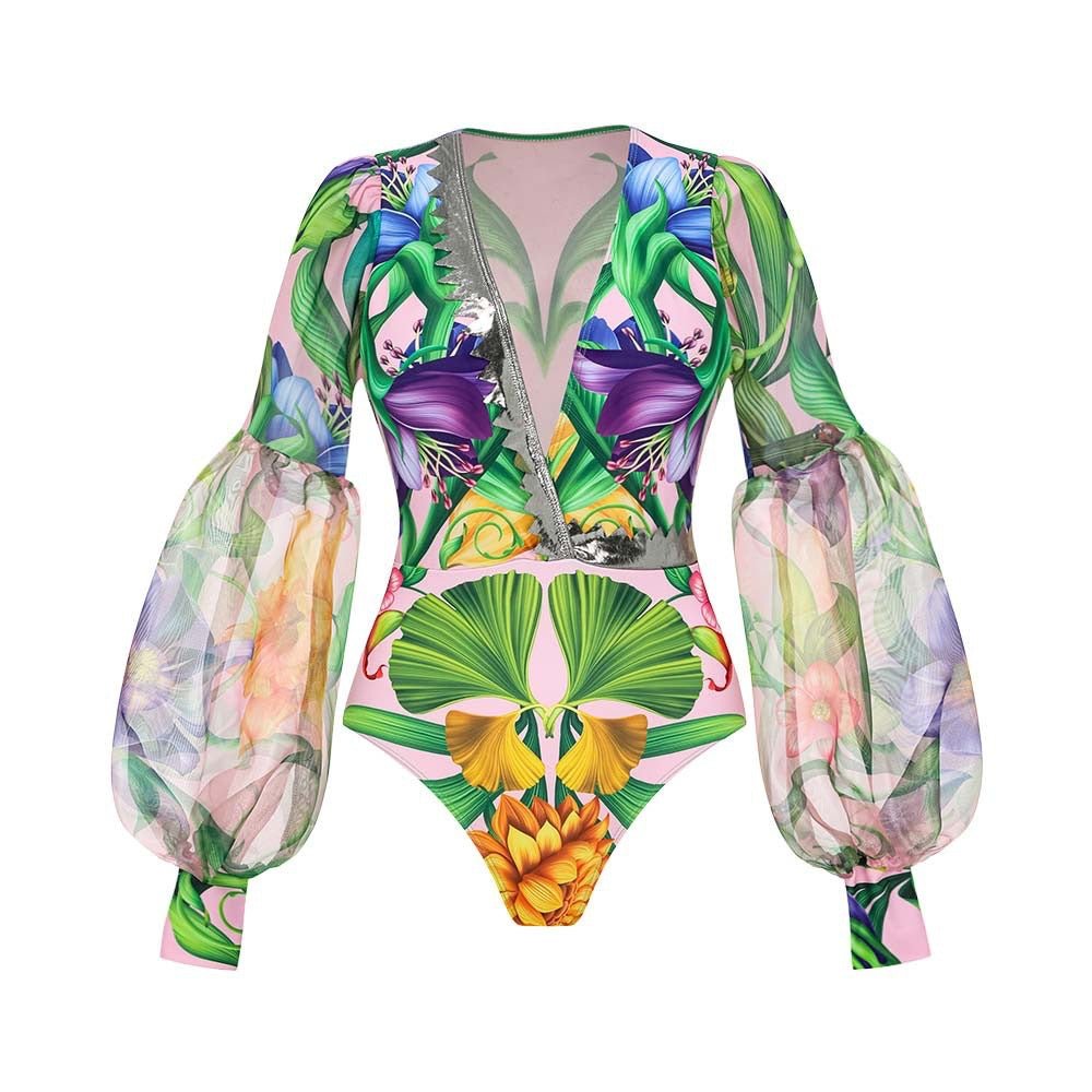 2024 Swimwear Cross-border Explosions Deep V-neck Lantern Long-sleeved Seaside Holiday Printed One-piece Swimsuit suit Women's 25153 - stoutforge
