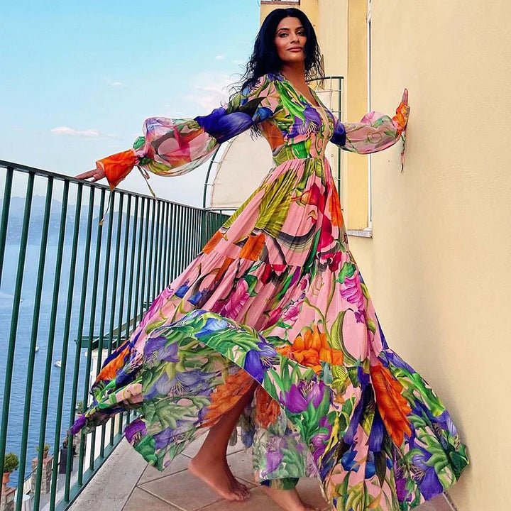 2024 Swimwear Cross-border Explosions Deep V-neck Lantern Long-sleeved Seaside Holiday Printed One-piece Swimsuit suit Women's 25153 - stoutforge