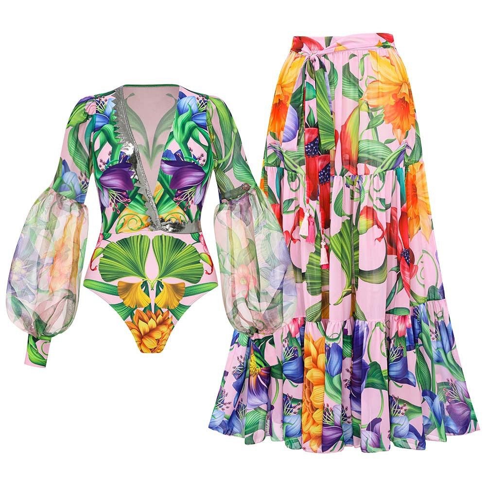 2024 Swimwear Cross-border Explosions Deep V-neck Lantern Long-sleeved Seaside Holiday Printed One-piece Swimsuit suit Women's 25153 - stoutforge