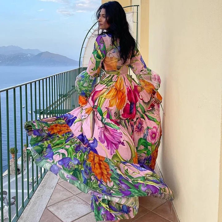 2024 Swimwear Cross-border Explosions Deep V-neck Lantern Long-sleeved Seaside Holiday Printed One-piece Swimsuit suit Women's 25153 - stoutforge