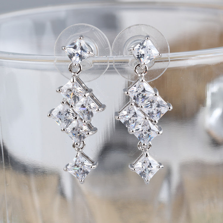 Qingxing AAA Square Zircon Inlaid Geometric Style S925 Silver Pin Earrings Korean Earrings Factory Outlet