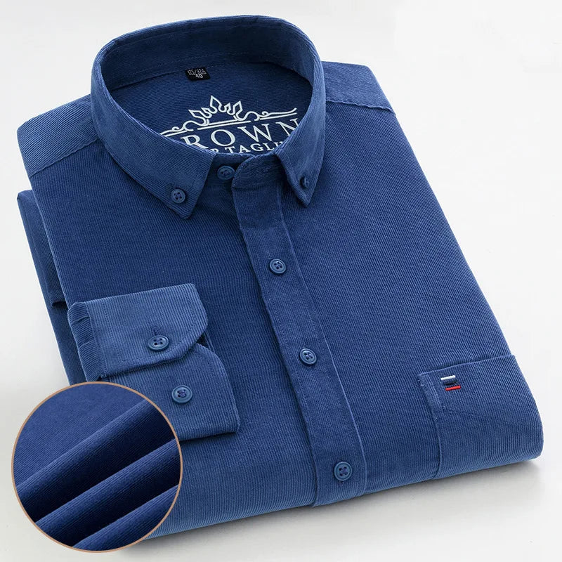 100% Cotton Men's Corduroy Shirts Long Sleeve Casual Regular Fit Business Dress Shirts  Man Comfortable Pocket Clothes 7XL 6XL