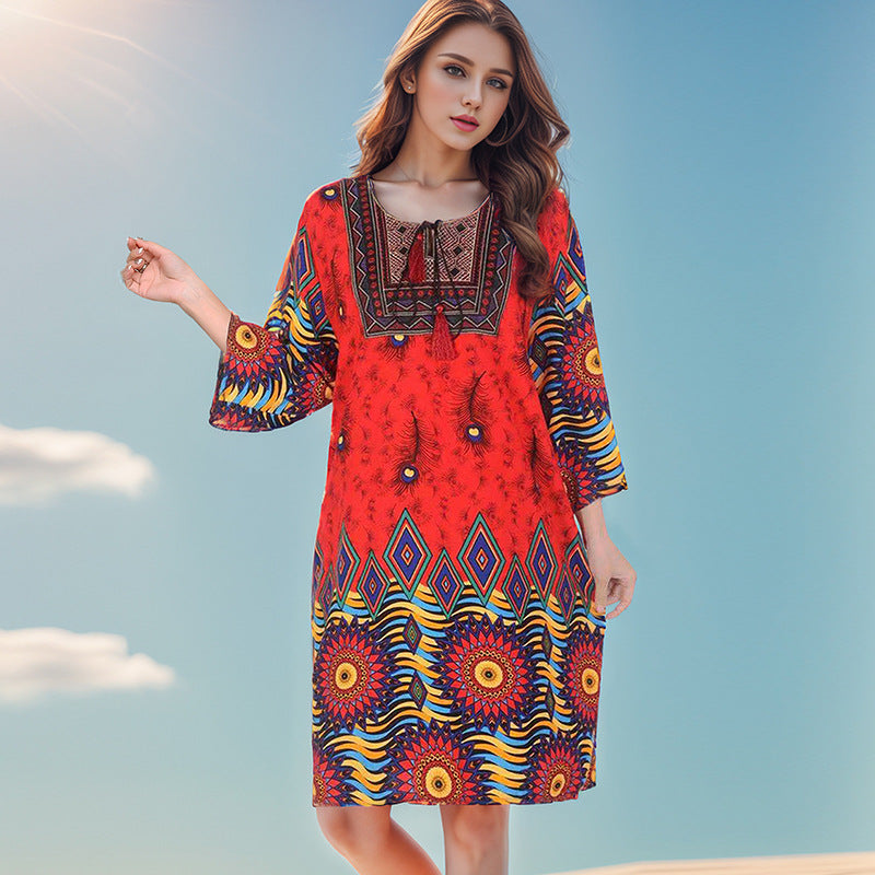 Summer Cross-Border Women's Cotton Silk Floral Dress Women's Ethnic Style Skirt Retro Thai Style Mother's Dress Women's Skirt