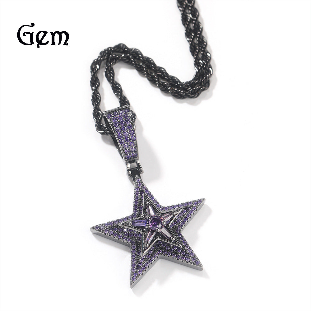 New European and American Style Hip-Hop Diamond-Encrusted Rotating Five-Pointed Star Pendant Necklace Amazon Hot-Selling Trendy Street Accessories
