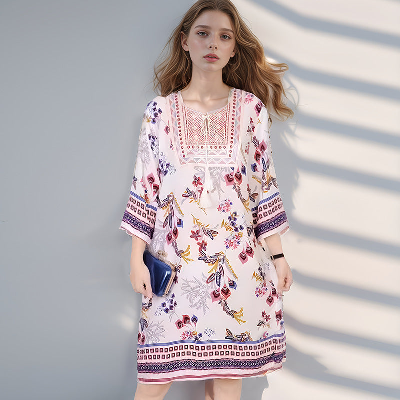 Summer Cross-Border Women's Cotton Silk Floral Dress Women's Ethnic Style Skirt Retro Thai Style Mother's Dress Women's Skirt