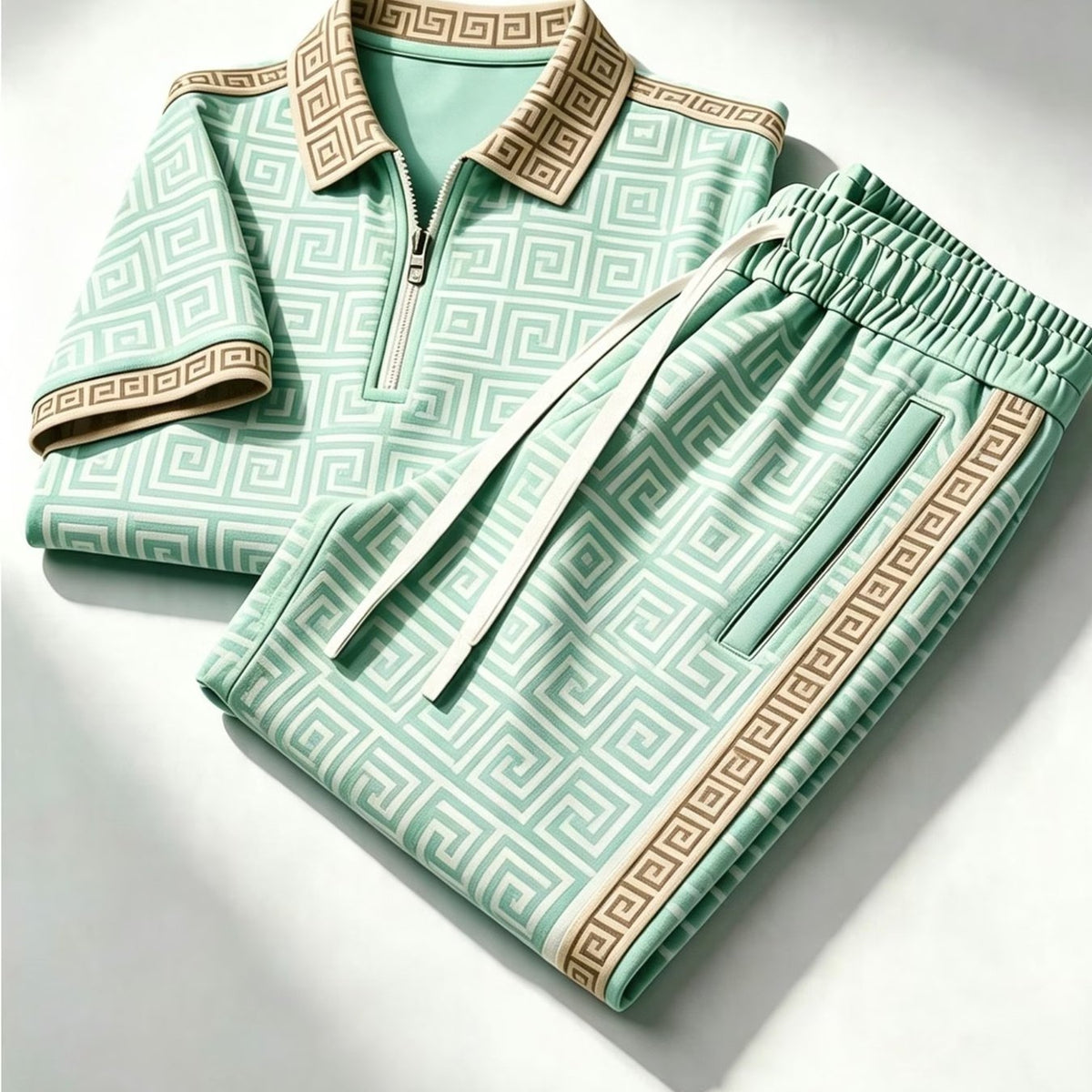 Cross-Border 2026 Trendy Brand Summer New European and American Fashion Casual Zip-Up Polo Shirt Short-Sleeve Long Pants Set for Men