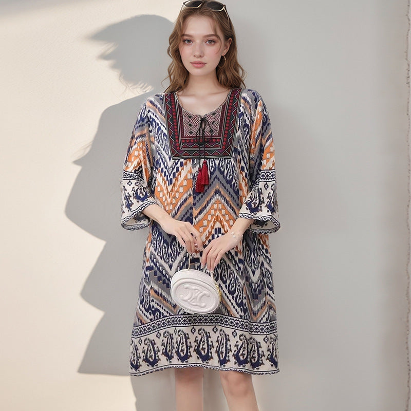 Summer Cross-Border Women's Cotton Silk Floral Dress Women's Ethnic Style Skirt Retro Thai Style Mother's Dress Women's Skirt
