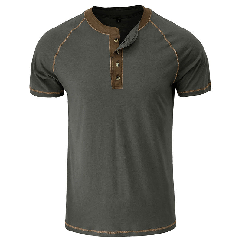 European and American Men's Tall Short-sleeved Heavyweight Henry Shirt Cross-border Large Size Men's Round Neck T-shirt Outdoor Basic Style
