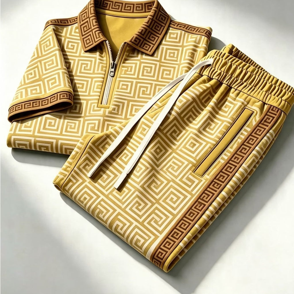 Cross-Border 2026 Trendy Brand Summer New European and American Fashion Casual Zip-Up Polo Shirt Short-Sleeve Long Pants Set for Men