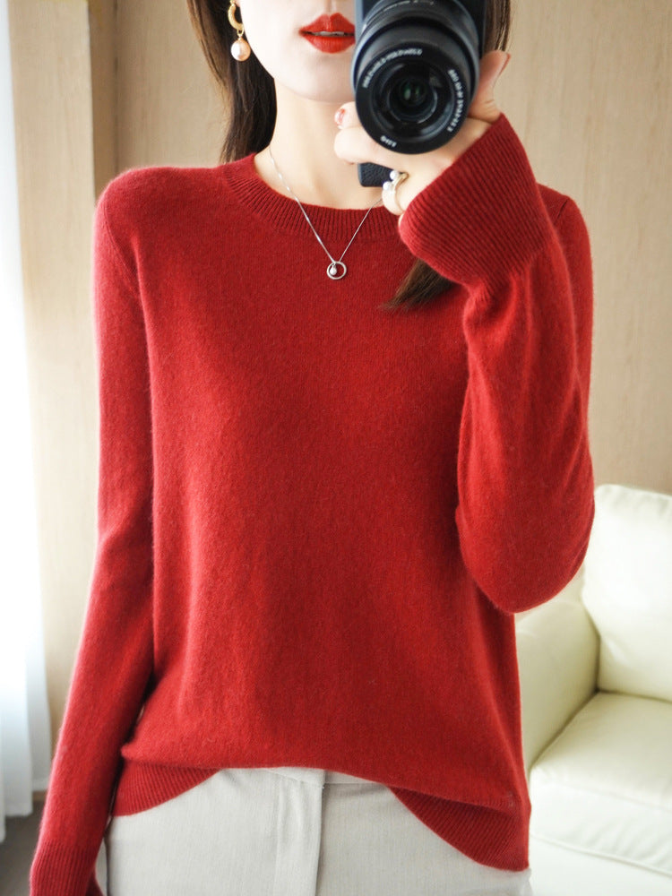 New Autumn and Winter Round Neck Knitwear Women's Pullover Knitwear Pure Color Long-Sleeved Women's Thin Inner Wear Outer Bottoming Shirt Korea