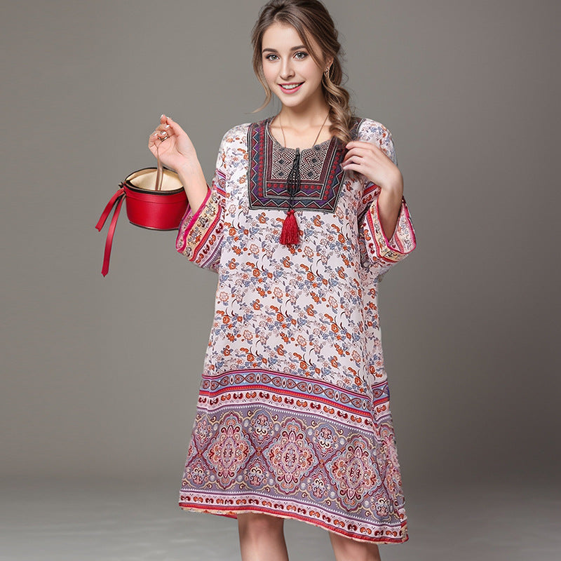 Summer Cross-Border Women's Cotton Silk Floral Dress Women's Ethnic Style Skirt Retro Thai Style Mother's Dress Women's Skirt