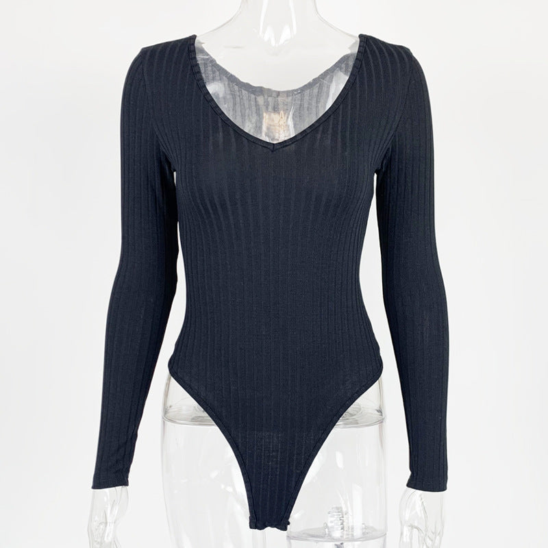 Aliexpress Temu Autumn and Winter New Products 2025 European and American Clothing Sexy Slim V Neck Pure Color Long-Sleeved Bottoming Jumpsuit