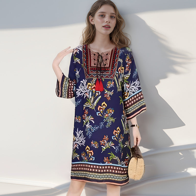 Summer Cross-Border Women's Cotton Silk Floral Dress Women's Ethnic Style Skirt Retro Thai Style Mother's Dress Women's Skirt