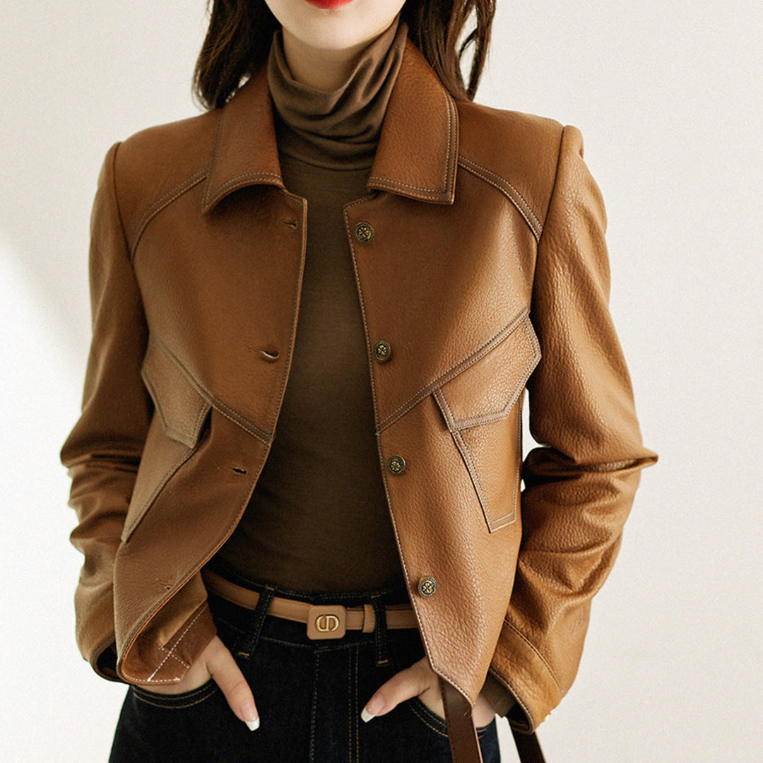 Haining Spring and Autumn New Leather Jacket Single Lined Leather Jacket Women's Short Slim Motorcycle Women's Short Leather Jacket C2707
