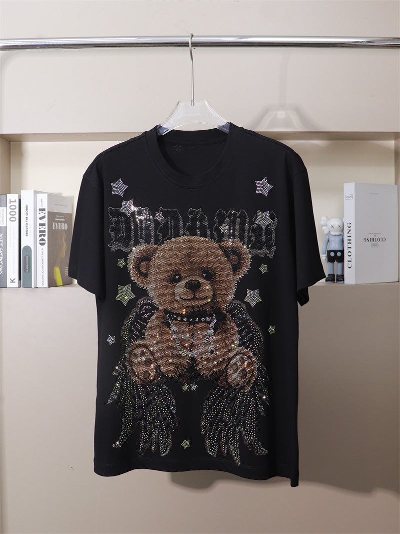 170kg T-Shirt with Rhinestone Letters and Cartoon Bear Design, Wide Short Sleeves, Plus Size 9XL for Big and Tall Individuals