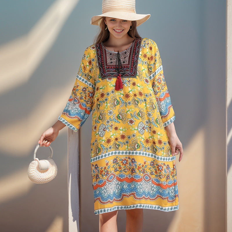 Summer Cross-Border Women's Cotton Silk Floral Dress Women's Ethnic Style Skirt Retro Thai Style Mother's Dress Women's Skirt