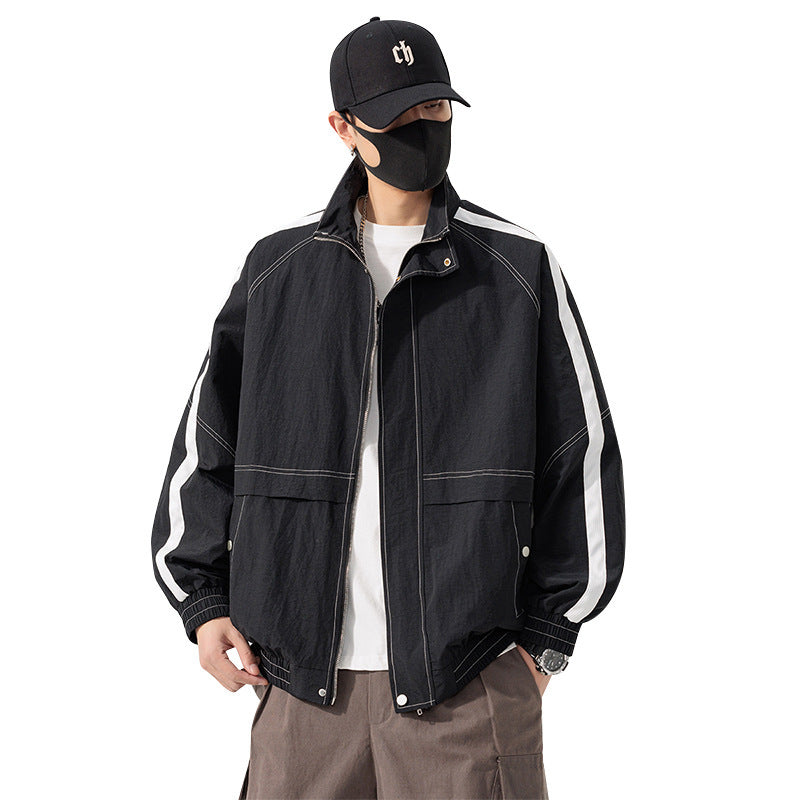 Spring and Autumn Men's Large Size Casual Sports Jacket Men's Fat Boys Plus Fat Extra Large American Trendy Brand Stand Collar Jacket Men's Clothing