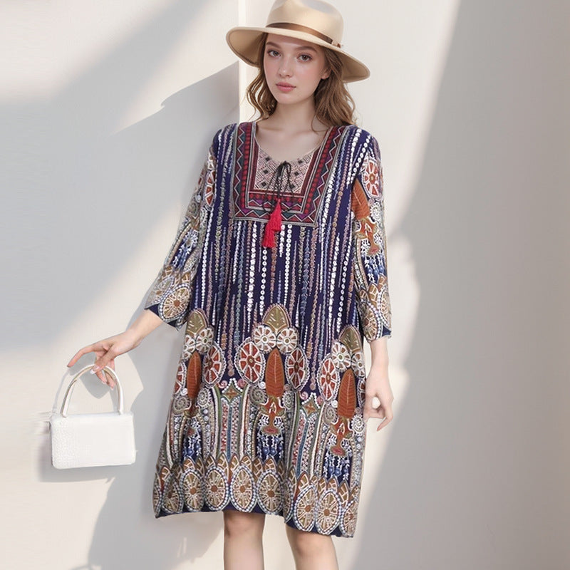 Summer Cross-Border Women's Cotton Silk Floral Dress Women's Ethnic Style Skirt Retro Thai Style Mother's Dress Women's Skirt