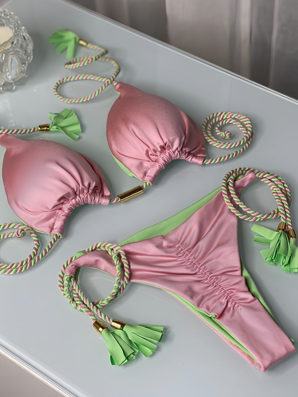 2025 new solid color fabric rope bikini triangle swimsuit Amazon European and American swimsuit in stock