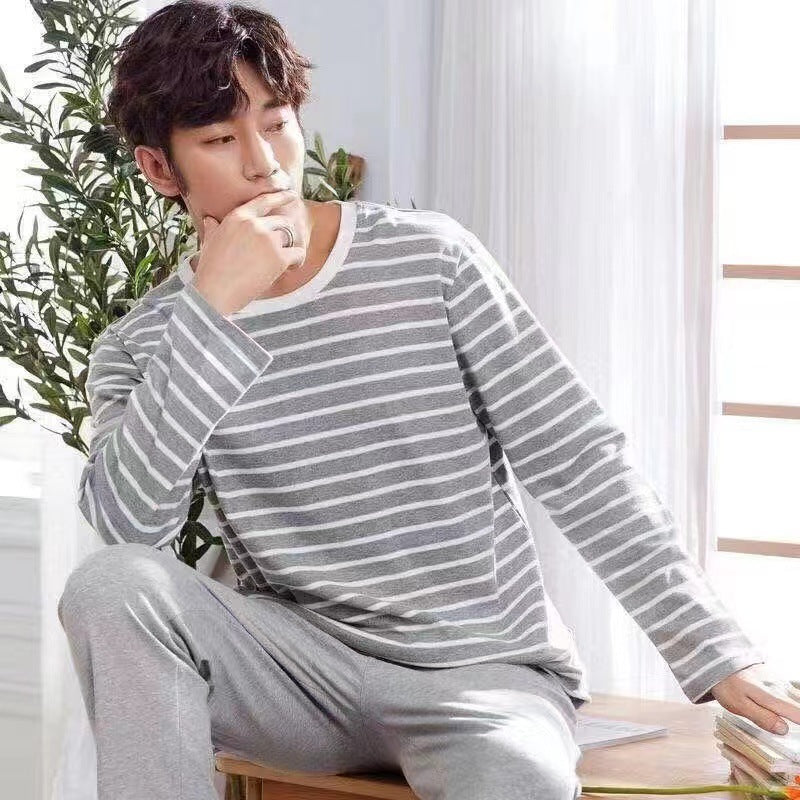 Pajamas for Men Spring & Fall Imitation Cotton Long-Sleeved Can Be Worn Outside All Seasons Casual Stripesd Plus Size Loose Men's Home Wear Set