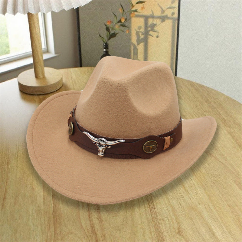 2026 New Style Western Cowboy Hat Ethnic Style Bull Logo Rolled Brim Vintage Riding Hat Large Brim Wool Felt Hat Trendy