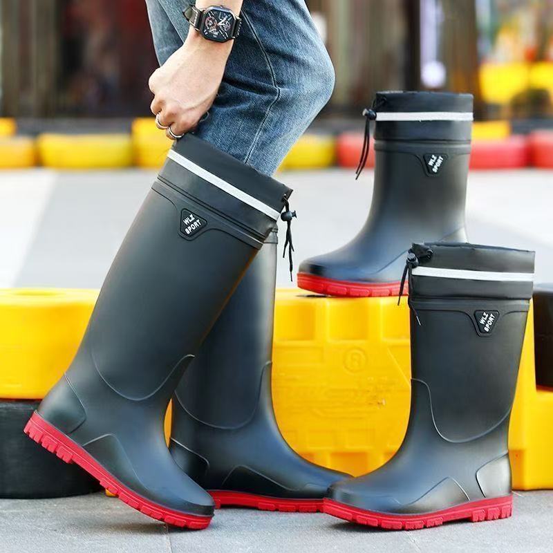 New High-Top Men's Drawstring Ankle Boots for Outdoor Use, Waterproof, Non-Slip, Long, Warm, Thickened Fishing Rubber Shoes