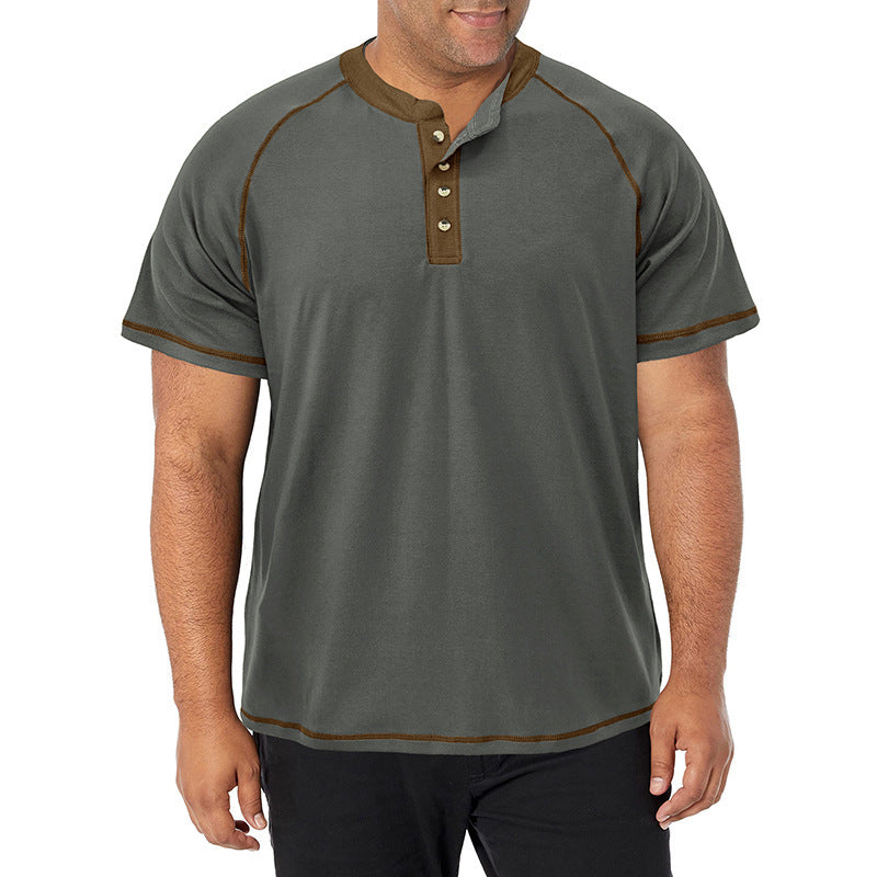 European and American Men's Tall Short-sleeved Heavyweight Henry Shirt Cross-border Large Size Men's Round Neck T-shirt Outdoor Basic Style