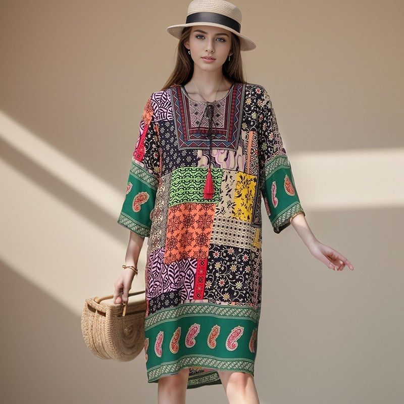 Summer Cross-Border Women's Cotton Silk Floral Dress Women's Ethnic Style Skirt Retro Thai Style Mother's Dress Women's Skirt