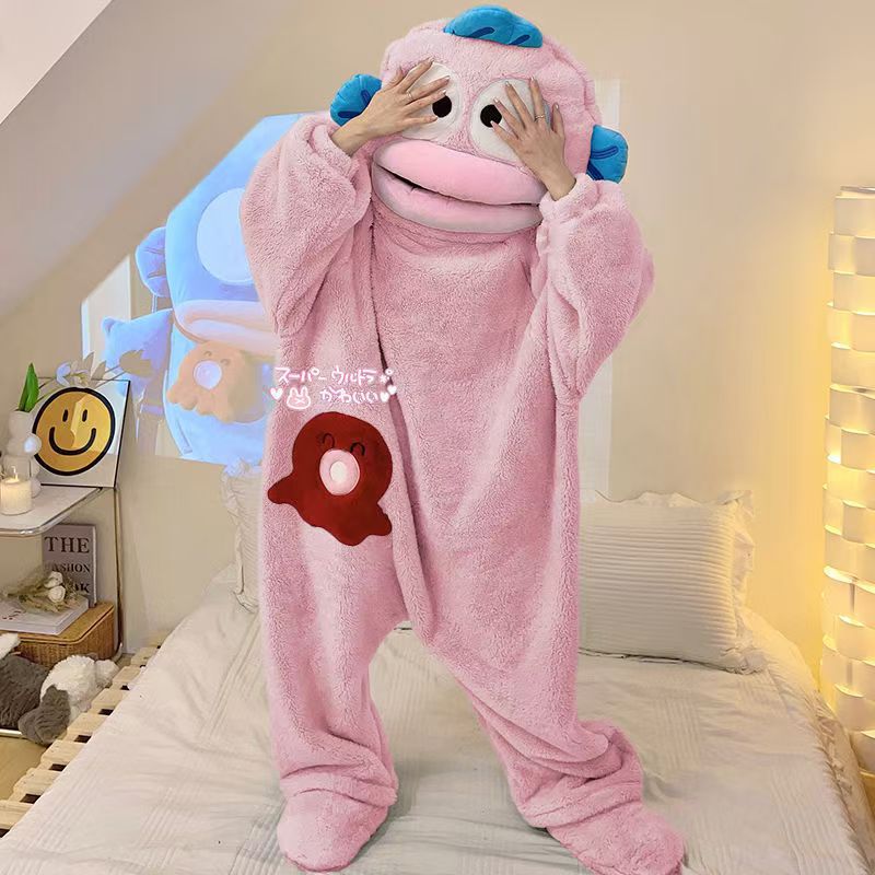 Cute Cartoon Funny Ugly Fish Hanton Couple Pajamas for Men and Women Winter Sand Sculpture Thickened Coral Fleece Home Clothes