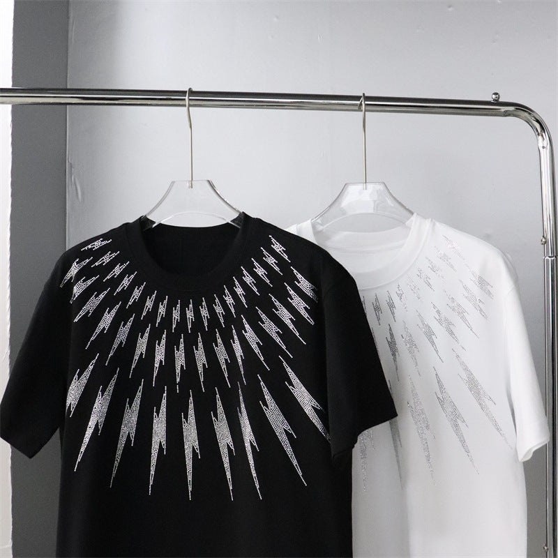 23 Large Edition Heavy-Duty Rhinestone Front and Back Lightning Design Unisex Loose Short-Sleeve T-Shirt Plus Size for Big and Tall Versatile Pure Cotton