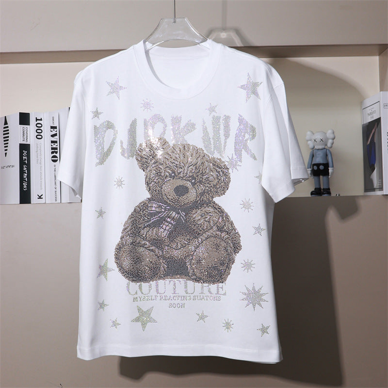 170kg T-Shirt with Rhinestone Letters and Cartoon Bear Design, Wide Short Sleeves, Plus Size 9XL for Big and Tall Individuals