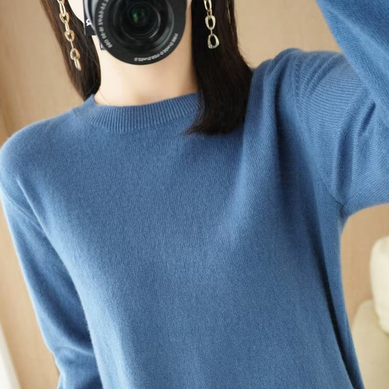 New Autumn and Winter Round Neck Knitwear Women's Pullover Knitwear Pure Color Long-Sleeved Women's Thin Inner Wear Outer Bottoming Shirt Korea