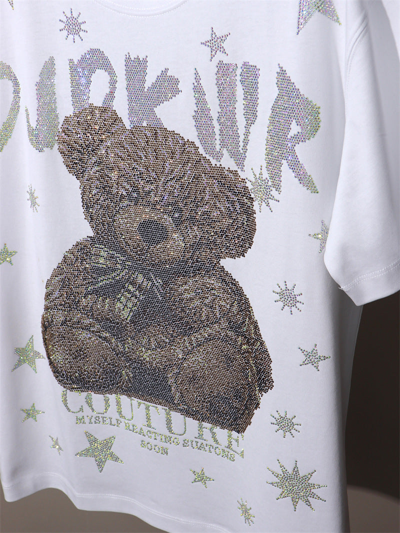 170kg T-Shirt with Rhinestone Letters and Cartoon Bear Design, Wide Short Sleeves, Plus Size 9XL for Big and Tall Individuals