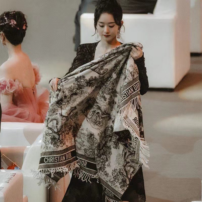 2025 Double-Sided Shawl Liu Yifei Same Style Long Tassel Scarf Korean Style Women's Thickened Ethnic Style Four-Season Scarf Wholesale
