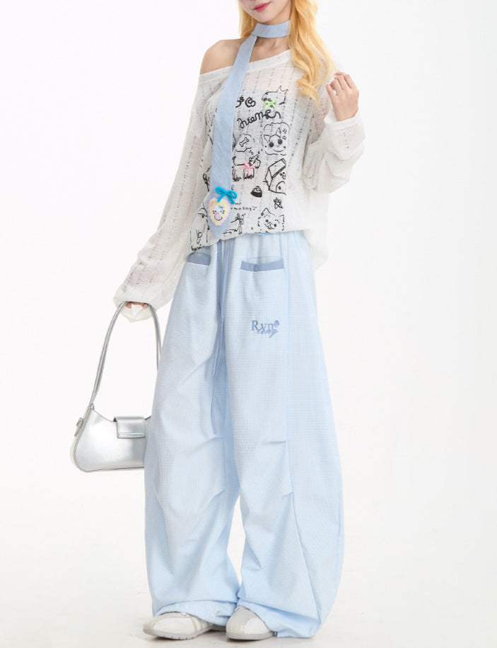 Neresm Summer Dopamine Pants Women Korean Style Plaid Pleated Cargo Pants Summer Lazy Drape Scimitar Pants