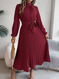 2026 European and American Spring/Summer Elegant Stand Collar Long Sleeve Waist-Cinched Pleated Long Dress Mini Dress Amazon Cross-Border Women's Clothing