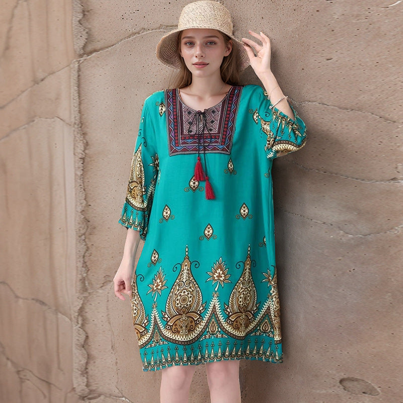 Summer Cross-Border Women's Cotton Silk Floral Dress Women's Ethnic Style Skirt Retro Thai Style Mother's Dress Women's Skirt