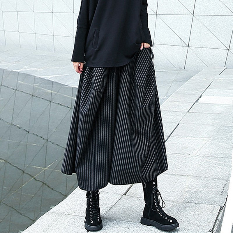 Japanese Yamamoto style black and white striped cropped wide-leg pants women's spring and autumn loose retro drape high waist casual culottes