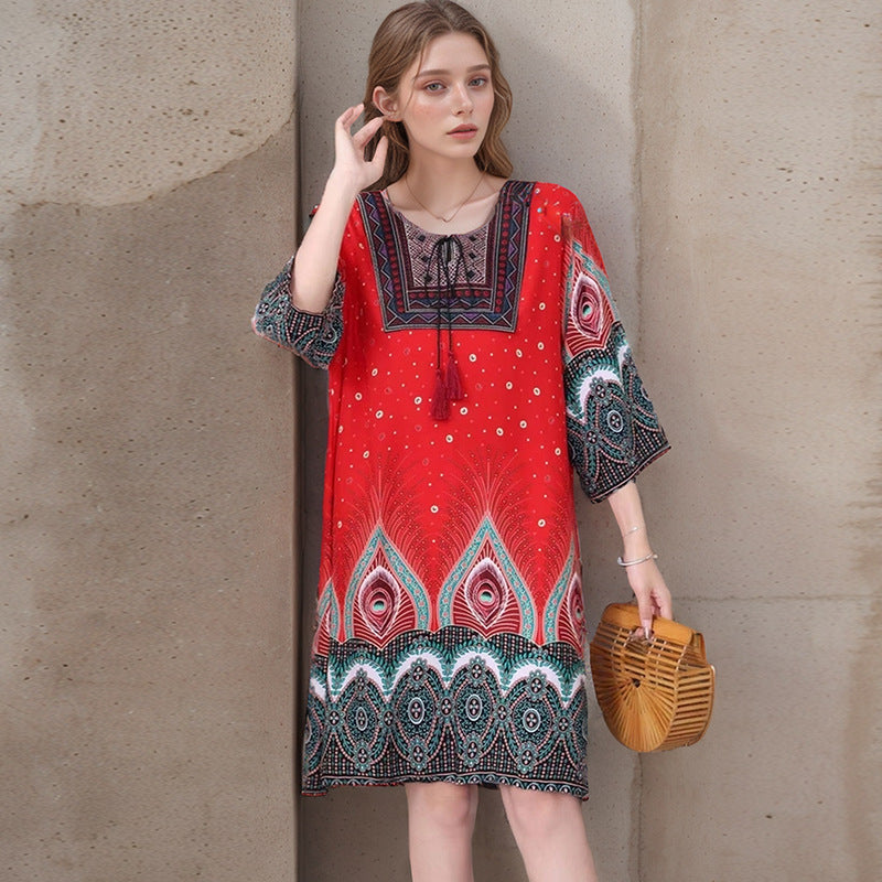 Summer Cross-Border Women's Cotton Silk Floral Dress Women's Ethnic Style Skirt Retro Thai Style Mother's Dress Women's Skirt