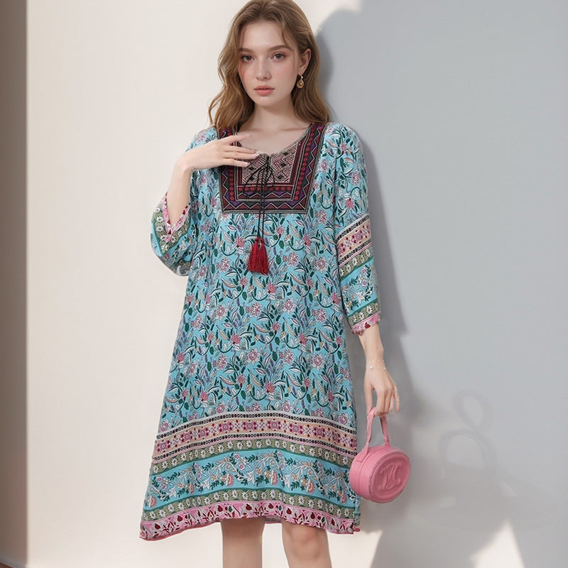 Summer Cross-Border Women's Cotton Silk Floral Dress Women's Ethnic Style Skirt Retro Thai Style Mother's Dress Women's Skirt
