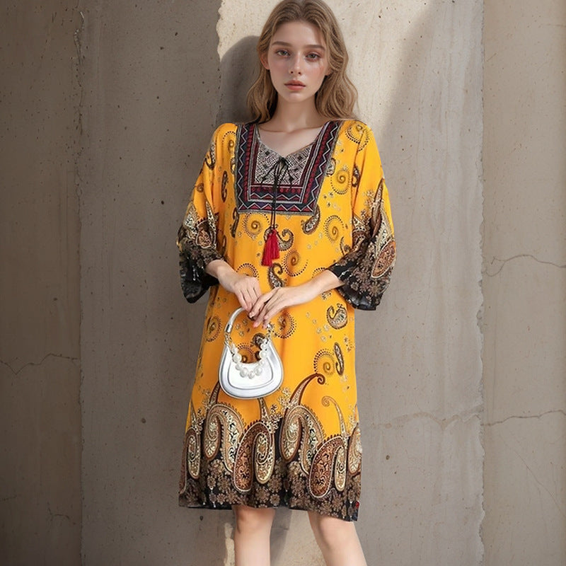 Summer Cross-Border Women's Cotton Silk Floral Dress Women's Ethnic Style Skirt Retro Thai Style Mother's Dress Women's Skirt